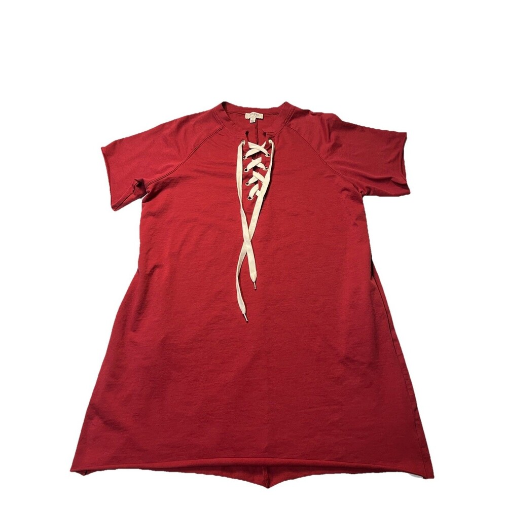 Umgee Dress Womens Medium Red Lace Up Front Tunic Short Sleeve Boho Shift